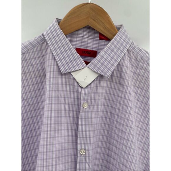 Hugo Boss‎ Button Down Dress Shirt Slim Fit Men 44 Large Purple Plaid Check - Picture 10 of 12